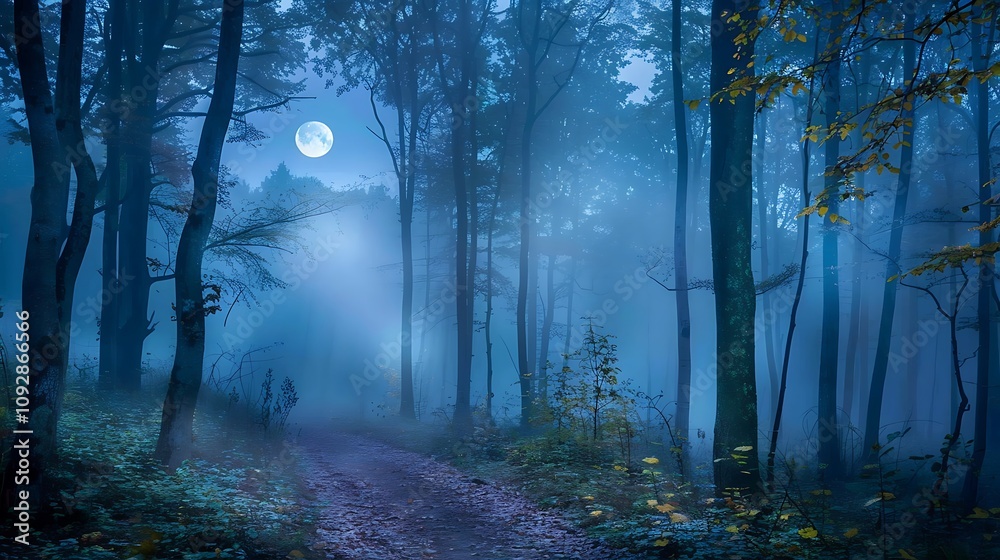 Fototapeta premium A serene misty forest path illuminated by moonlight, creating a mystical atmosphere.