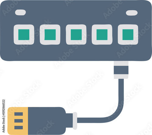 USB Hub Vector with Multiple Colored Ports, Vector illustration of a USB hub featuring six colorful ports in green and red with an attached cable, ideal for tech and connectivity themes.  
