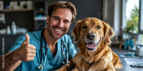 Male vet giving a thumbs-up next to a healthy dog post-surgery. photo