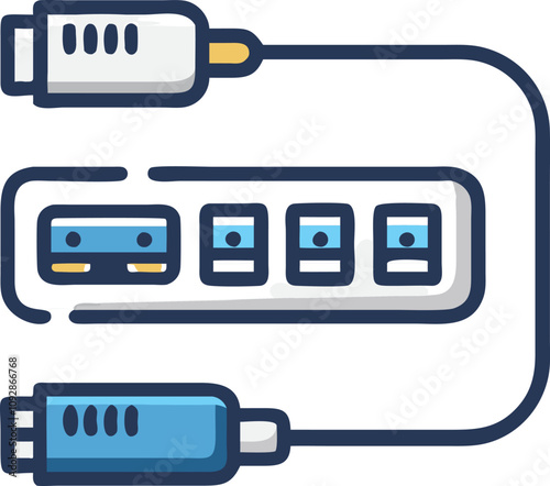 USB Hub Vector with Multiple Colored Ports, Vector illustration of a USB hub featuring six colorful ports in green and red with an attached cable, ideal for tech and connectivity themes.  
