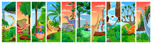 Cartoon prehistoric dinosaurs and dino kids. Vector vibrant scenes with dino species from hatching baby dinosaurs to towering giants in lush landscapes with waterfalls, trees, ferns and mountains