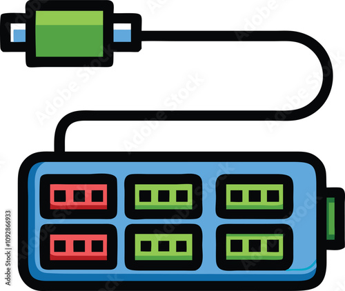 USB Hub Vector with Multiple Colored Ports, Vector illustration of a USB hub featuring six colorful ports in green and red with an attached cable, ideal for tech and connectivity themes.  
