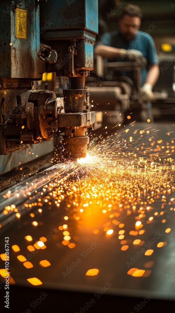 A metal worker cuts a sheet.