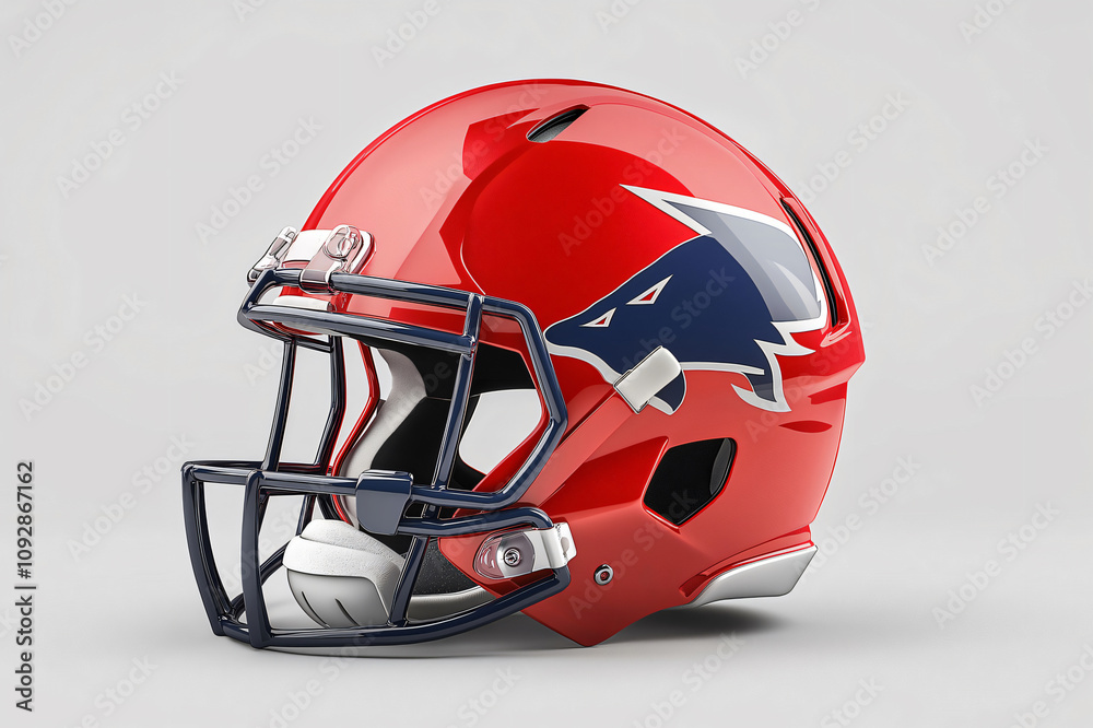Fototapeta premium Vibrant red football helmet with navy logo on grey surface exudes safety for athletes. Standout design perfect for sports projects