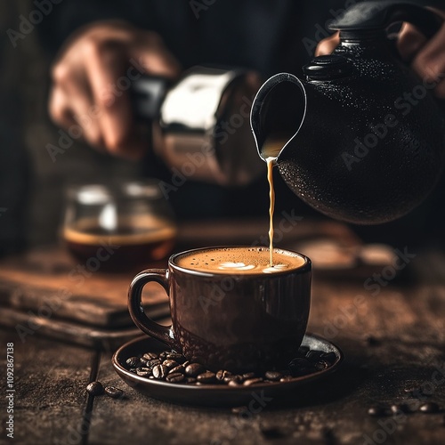 Pouring coffee into a cup on a rustic wooden table.
