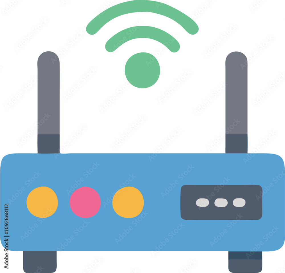 Flat Design Wi-Fi Router Vector Illustration, Flat-style vector illustration of a blue Wi-Fi router with antennas and a green signal icon, perfect for networking and connectivity themes.
Flat Design Wi-Fi Router Vector Illustration, Flat-style vector illustration of a blue Wi-Fi router with antennas and a green signal icon, perfect for networking and connectivity themes.