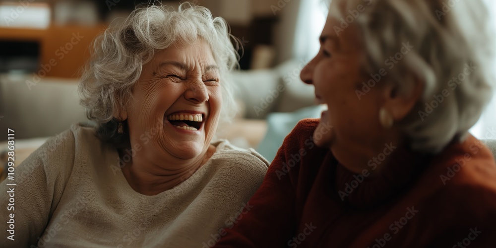 A heartwarming scene of two elderly women enjoying each other's company, sharing laughter and joy in a cozy setting that celebrates lifelong friendship.