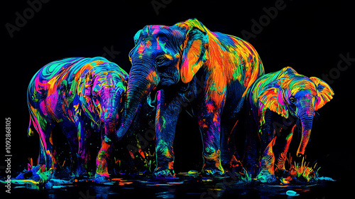 Vibrant, colorful elephants illuminated against a dark background, showcasing artistic expression. photo