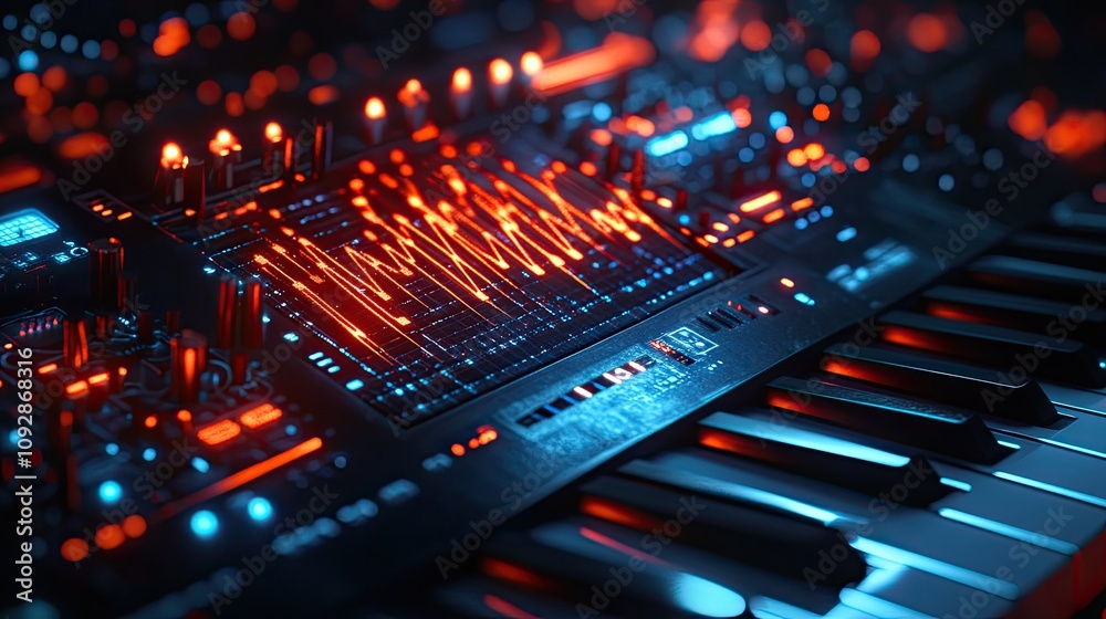Neon synthesizer in a digital futuristic environment with glowing circuit elements and vibrant colors. Generative AI Neon synthesizer in a digital futuristic environment with glowing circuit elements and vibrant colors. Generative AI