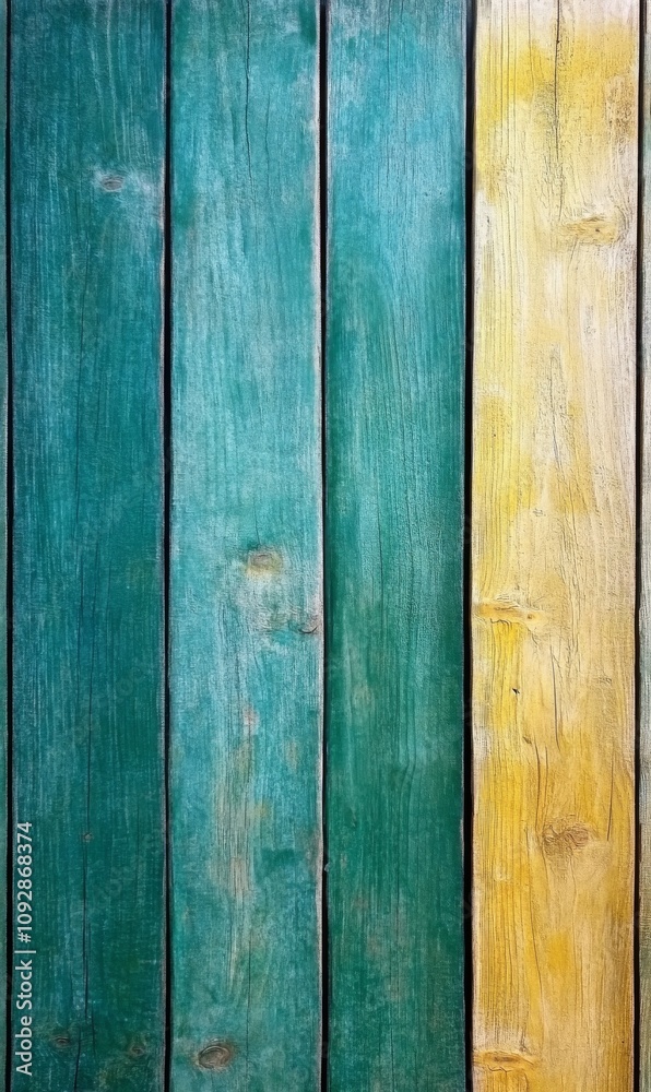 Fototapeta premium Teal and Yellow Wooden Planks with Rustic Weathering