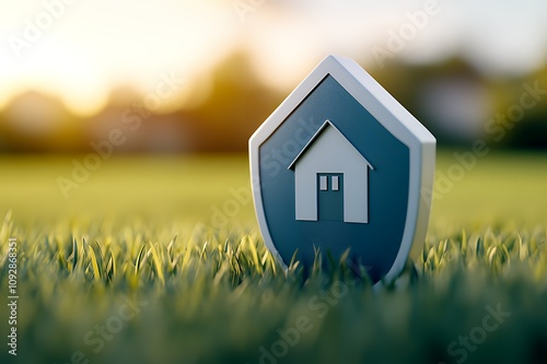 A shield-shaped icon with a house symbol on grass, representing home security and protection. photo