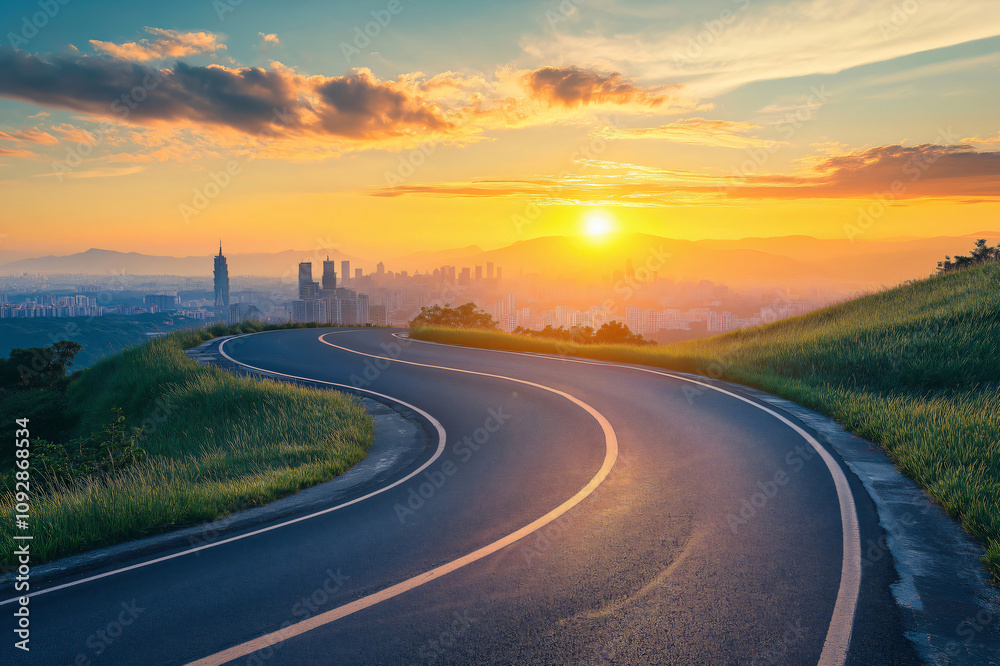 Obraz premium Winding road leading through green fields towards a city skyline bathed in the golden light of sunset