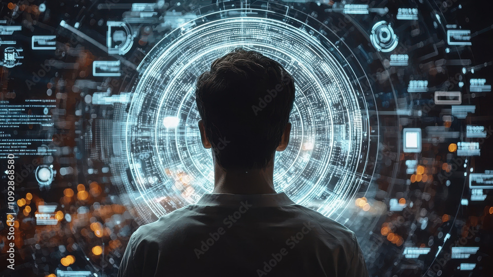 Futuristic holographic interface viewed from behind person, showcasing advanced technology and data visualization, creating sense of wonder and innovation Futuristic holographic interface viewed from behind person, showcasing advanced technology and data visualization, creating sense of wonder and innovation