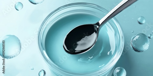 A Polished Spoon Dips into a Bowl of Light Blue, Watery Gel, Surrounded by Suspended Water Droplets, Representing Purity, Cleanliness, and Skincare Treatment. photo