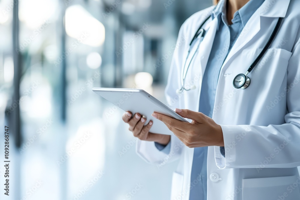 A doctor in a white coat stands in a modern medical environment, using a digital tablet, signifying technology integration in healthcare settings. A doctor in a white coat stands in a modern medical environment, using a digital tablet, signifying technology integration in healthcare settings.