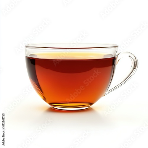 Glass cup of warm tea on white background.