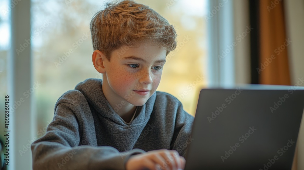 Focused Young Boy Immersed in Online Education, Utilizing Digital Technology for Academic Success, Demonstrating Modern Learning Methods and Technological Proficiency in a Home Setting Focused Young Boy Immersed in Online Education, Utilizing Digital Technology for Academic Success, Demonstrating Modern Learning Methods and Technological Proficiency in a Home Setting