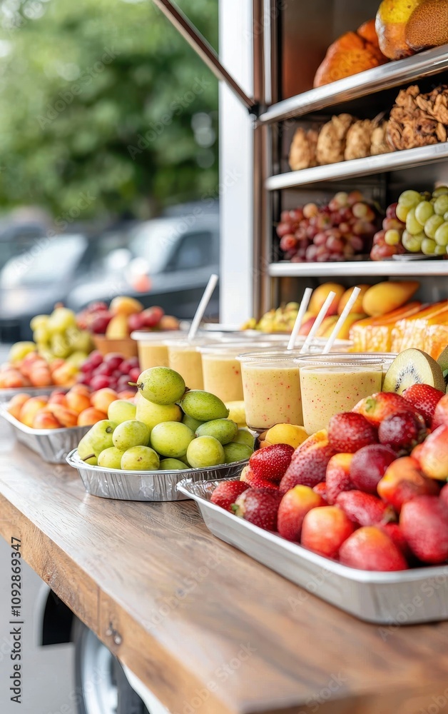 Vibrant fruit stand featuring a variety of fresh fruits and smoothies for customers. Vibrant fruit stand featuring a variety of fresh fruits and smoothies for customers.