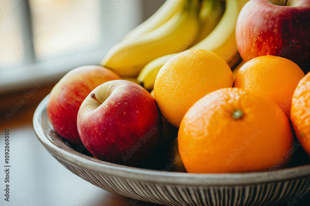 Bowl is overflowing with ripe red apples, bright oranges, and yellow bananas, providing a healthy and delicious snack or meal Bowl is overflowing with ripe red apples, bright oranges, and yellow bananas, providing a healthy and delicious snack or meal