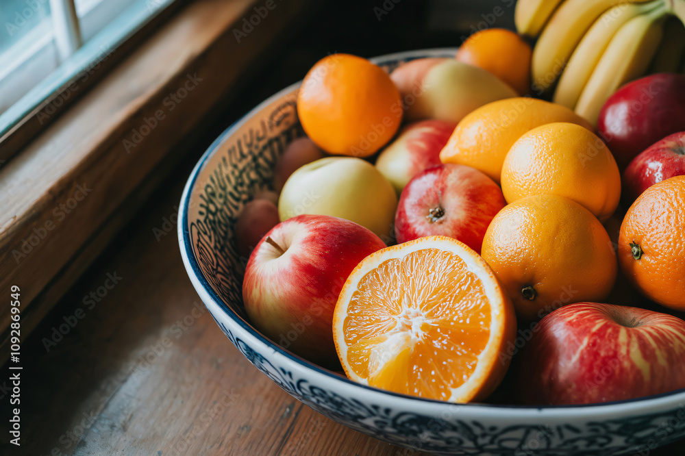 Bowl is overflowing with fresh fruit, including apples and oranges, sitting on a rustic wooden table Bowl is overflowing with fresh fruit, including apples and oranges, sitting on a rustic wooden table