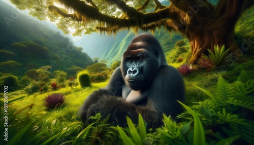 Gorilla sitting under the tree in a forest