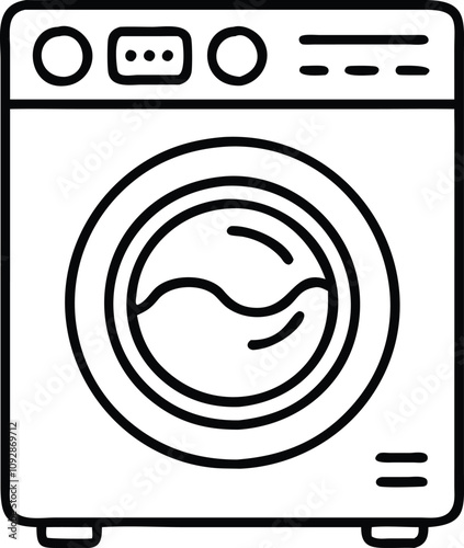 Washing Machine Icon in Minimalist Line Art, Black-and-white vector illustration of a front-loading washing machine with a clean, minimalistic design, symbolizing modern home appliances and laundry so