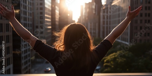 A young woman joyfully raising her arms towards the sunset, set against a stunning urban cityscape, symbolizing freedom, hope, and the beauty of life's moments. photo