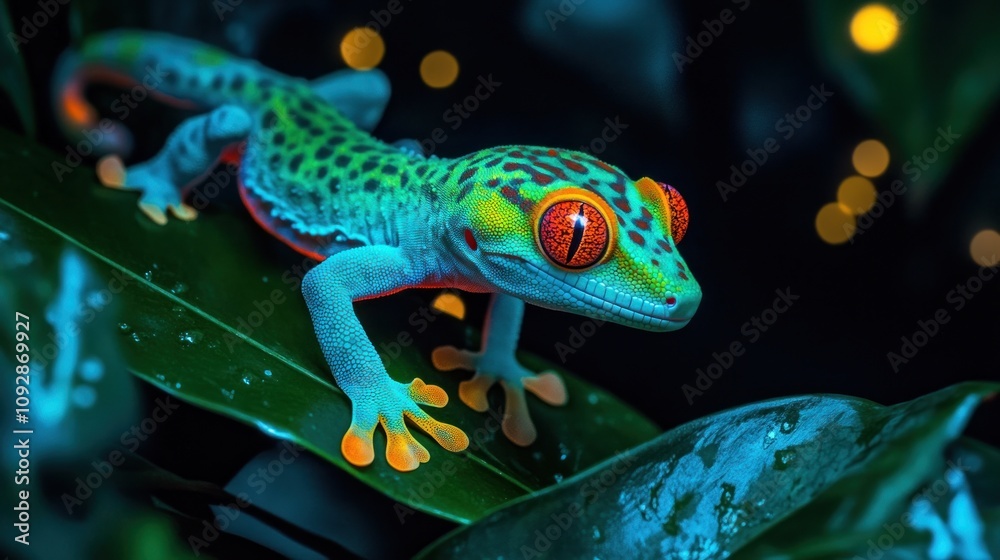 Fototapeta premium A vibrant gecko perched on a leaf, showcasing its colorful patterns in a dark setting.