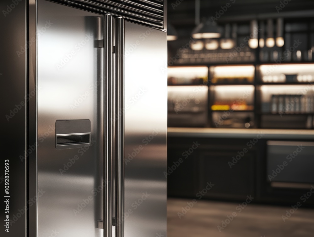 Sleek Stainless Steel Industrial Refrigerator in Modern Commercial Kitchen Setting, showcasing robust design and professional grade construction, ideal for restaurants Sleek Stainless Steel Industrial Refrigerator in Modern Commercial Kitchen Setting, showcasing robust design and professional grade construction, ideal for restaurants