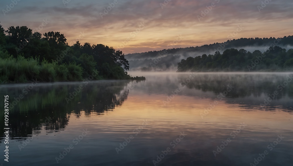 Serenity at Dawn: A Colorful Sunrise Over a Tranquil River Serenity at Dawn: A Colorful Sunrise Over a Tranquil River