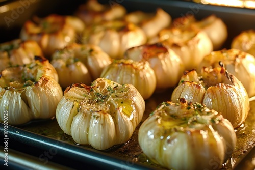 Garlic cloves roasting in an oven tray, sprinkled with olive oil and herbs. The garlic skins are lightly charred, and the golden, roasted cloves glisten under the oven light, ready to be served.