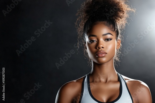 A fit female athlete poses confidently in sporty attire against a dark backdrop, displaying strength, confidence, and determination in a dynamic, empowering shot.