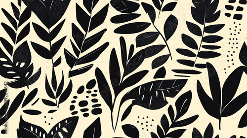 Black leaves seamless pattern on cream