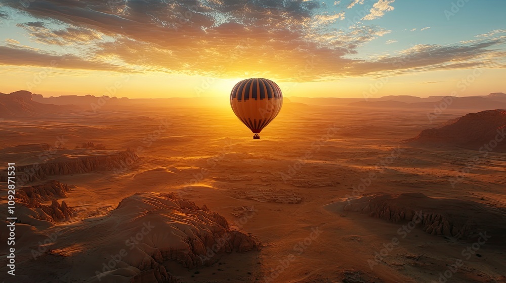 Hot air balloon floating over a desert landscape at sunrise with glowing orange light. Generative AI Hot air balloon floating over a desert landscape at sunrise with glowing orange light. Generative AI