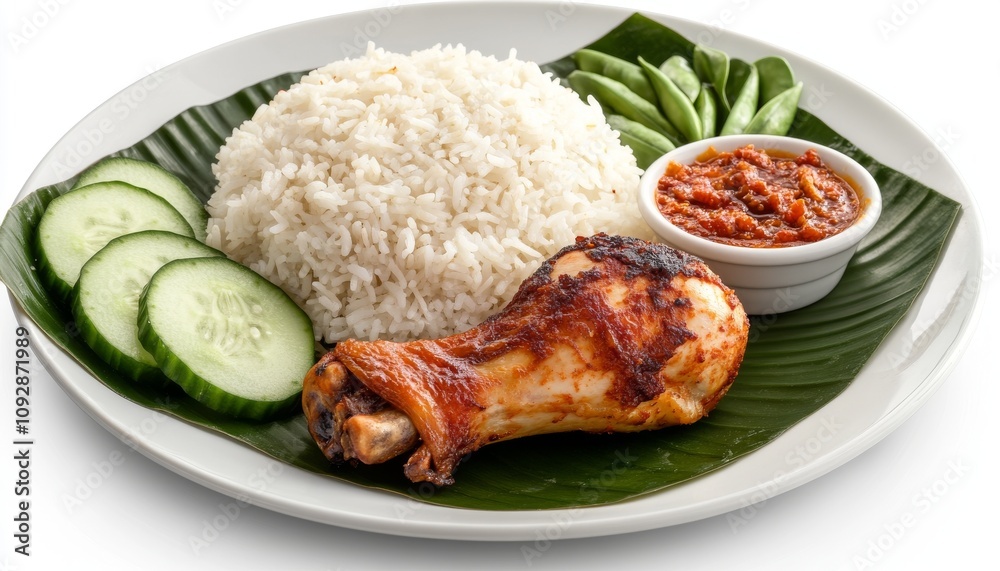 Traditional nasi lemak with grilled chicken, rice, sambal, and vegetables