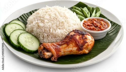 Obraz na płótnie Traditional nasi lemak with grilled chicken, rice, sambal, and vegetables w salonie
