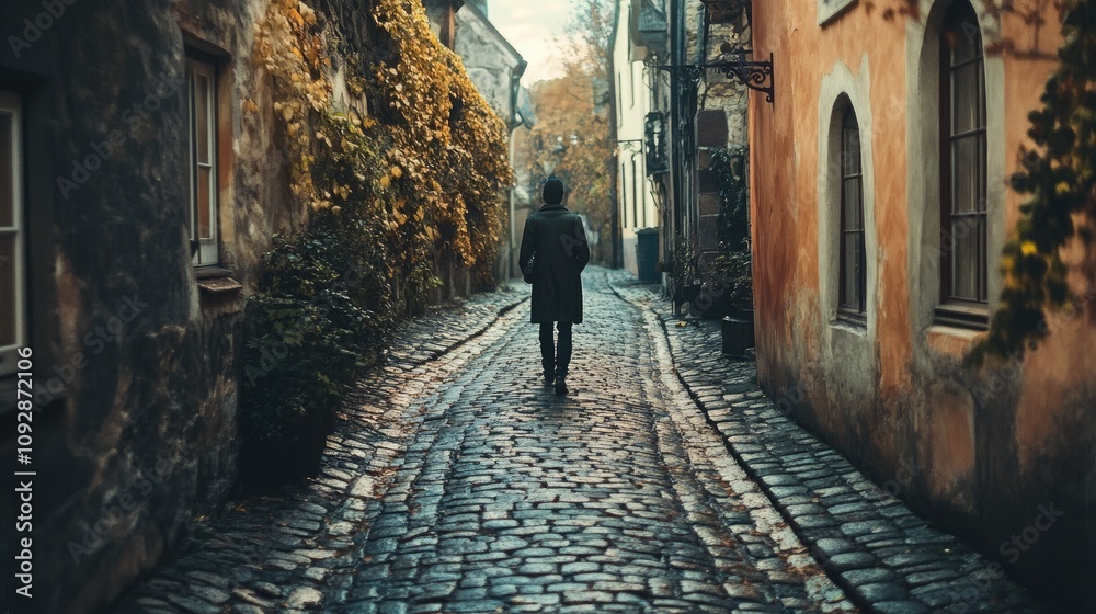 Traveler walking along a cobblestone street in a historic European town with colorful buildings and a church in the distance. Generative AI Traveler walking along a cobblestone street in a historic European town with colorful buildings and a church in the distance. Generative AI