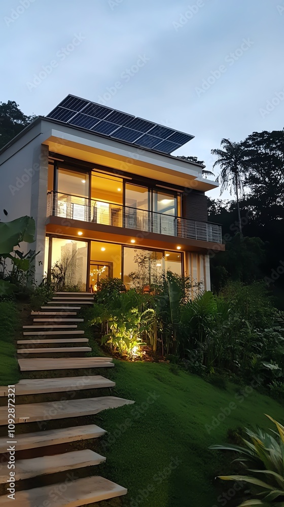 Elegant solar-powered villa, ambient lights accentuating eco-friendly architecture, nature thriving around Elegant solar-powered villa, ambient lights accentuating eco-friendly architecture, nature thriving around