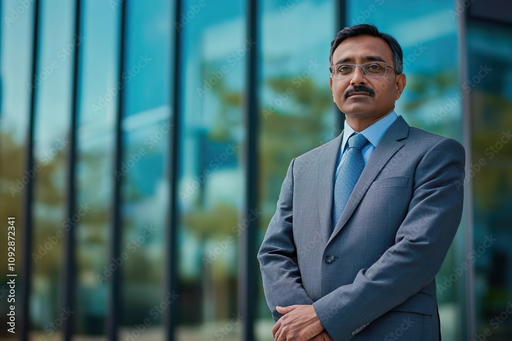 Professional Businessman Standing in Front of Modern Office Building Professional Businessman Standing in Front of Modern Office Building