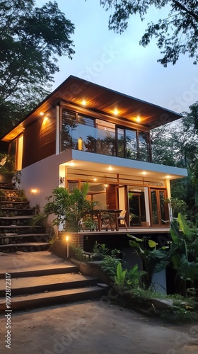 Elegant solar-powered villa, ambient lights accentuating eco-friendly architecture, nature thriving around