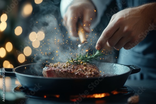 Chef adds finishing touches of herbs on a sizzling steak in a pan, emphasizing culinary art, precision, and the savory aroma of gourmet cooking. photo