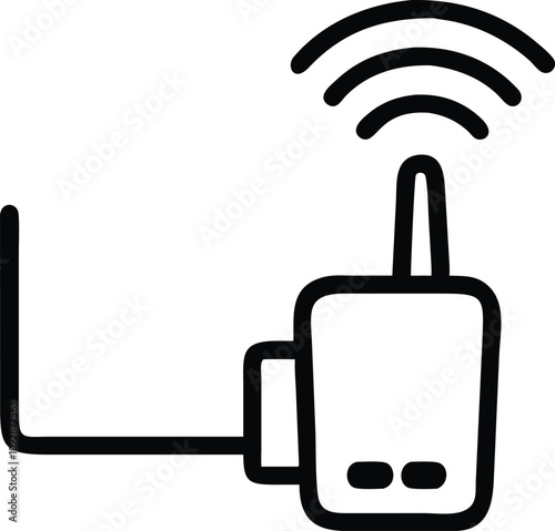 Compact Wireless Router with Signal Waves, Black-and-white vector illustration of a compact wireless router with a single antenna, signal waves, and a plug-in design for connectivity.
