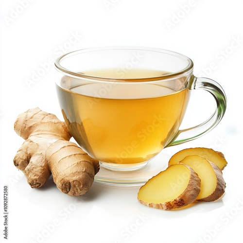  Ginger tea with fresh ginger on white background.