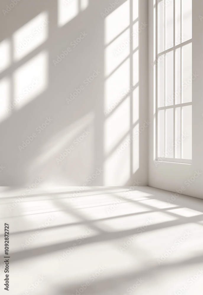Abstract White Studio Background for Product Presentation with Window Shadows and Sunlight Blurred Backdrop Empty Room With Copy Space Abstract White Studio Background for Product Presentation with Window Shadows and Sunlight Blurred Backdrop Empty Room With Copy Space