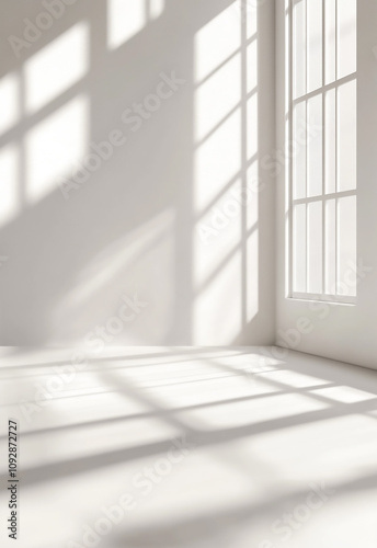 Abstract White Studio Background for Product Presentation with Window Shadows and Sunlight Blurred Backdrop Empty Room With Copy Space