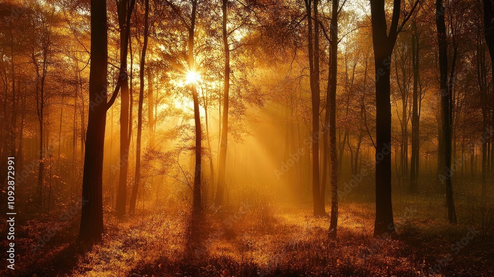 Obraz premium Golden sunlight streaming through tall trees in a dense autumn forest. Generative AI