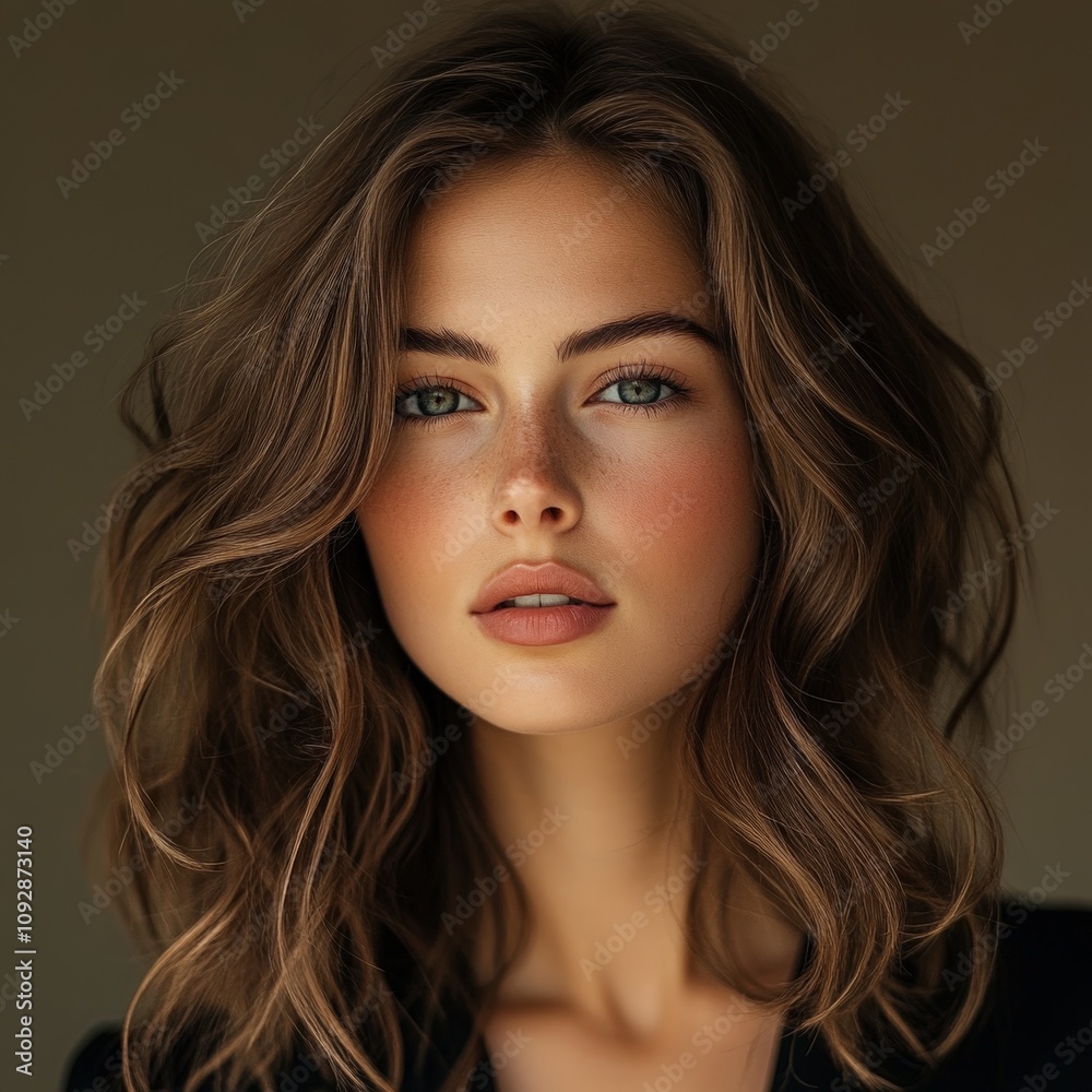 Portrait of Woman with Wavy Brunette Hair and Subtle Makeup Portrait of Woman with Wavy Brunette Hair and Subtle Makeup