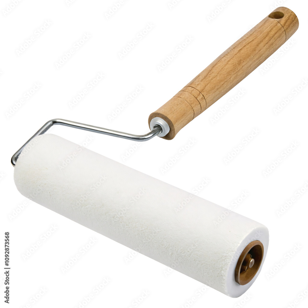 Obraz premium A slightly angled paint roller with a soft white head and ergonomic wooden handle, perfect for professional and DIY projects, set against a transparent background