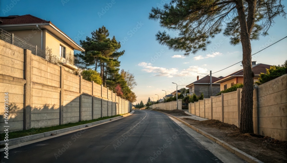 Quiet Residential Road Lined With Cement Walls During Sunset in a Suburban Area. Generative AI Quiet Residential Road Lined With Cement Walls During Sunset in a Suburban Area. Generative AI