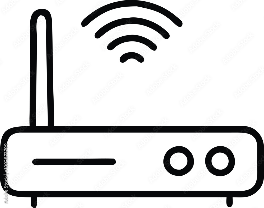 Wireless Router Icon with Signal Waves, Minimalist black-and-white vector illustration of a wireless router with dual antennas, signal waves, and LED indicators, symbolizing internet connectivity.
Wireless Router Icon with Signal Waves, Minimalist black-and-white vector illustration of a wireless router with dual antennas, signal waves, and LED indicators, symbolizing internet connectivity.